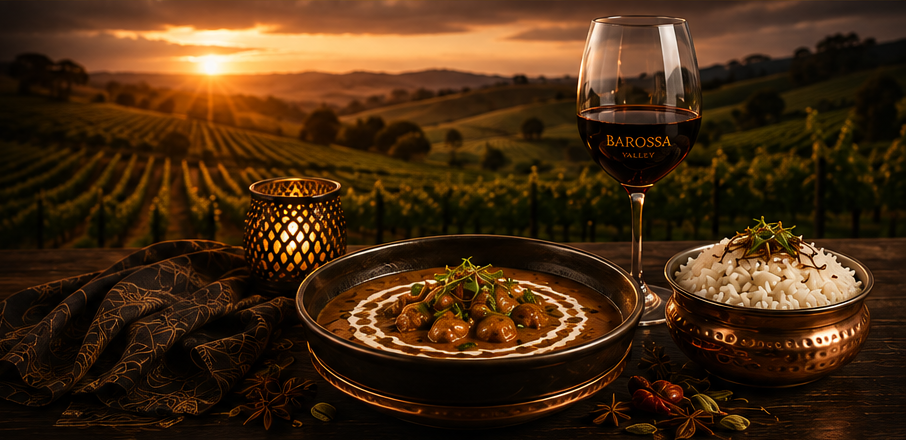 Barossa Valley vineyard at sunset with Indian curry, rice and red wine