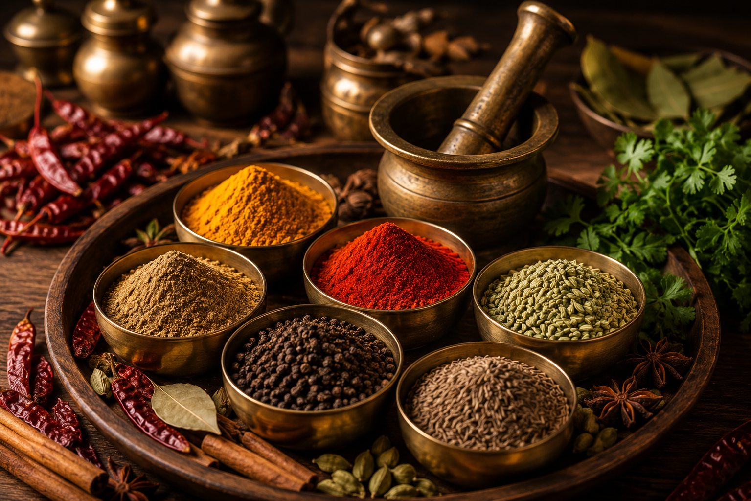 Authentic Indian spices in traditional brass bowls